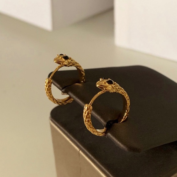 Gold Plated Brass Dainty Snake Mini Huggies Hoops - Picture 1 of 7